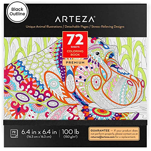 Arteza Coloring Book for Adults, 6.4 x 6.4 Inches, Animal Designs, 72 Sheets, 100 lb Paper, Detachable Pages, Black Outlines, Art Supplies for Relaxing, Reflecting, and Decompressing