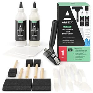 Arteza Decoupage Glue Craft Kit, 2 Glue Finishes (Gloss & Matte), 8-oz Bottles, Foam Brushes, Plastic Spreader Tools, Gloves, Art Supplies for Paper Crafting, Scrapbooking & Decorating