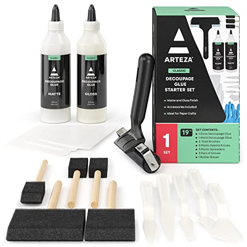 Arteza Decoupage Glue Craft Kit, 2 Glue Finishes (Gloss & Matte), 8-oz Bottles, Foam Brushes, Plastic Spreader Tools, Gloves, Art Supplies for Paper Crafting, Scrapbooking & Decorating