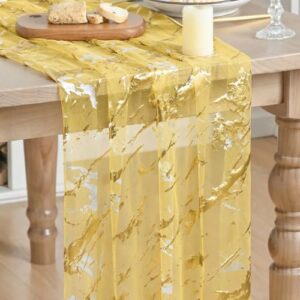 Artoid Mode Marble Pattern Yellow Gauze Table Runner 10FT, Glitter Metallic Foil Sheer Dining Wedding Anniversary Birthday Table Decor for Home Party