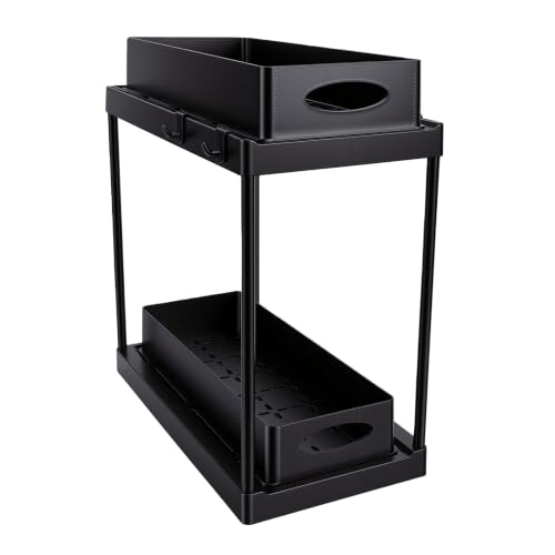 Asixxsix Under Sink Organizer, 2 Tier Pull Out Sliding Storage Rack with ABS Plastic Shelf and Snap Together Design, Under Cabinet Organizer for Kitchen Bathroom Cabinet (Black)