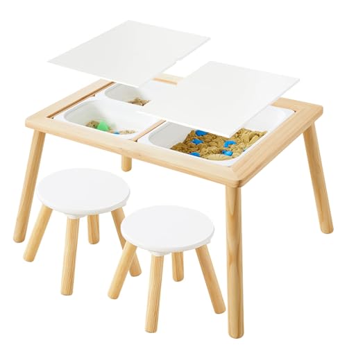 Asweets Sensory Table for Toddlers, Indoor Table with Storage Bins, Kids Play Activity Desk with 3 White Bins & 2 Chairs for Boys Girls Gift, 29''L x 20''W x 21''H