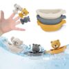 Auvitaya Baby Bath Toy Stackable Infant Bathtub Toys Stacking Floating Boat Train with Animal Finger Puppets Bath Toy Silicone Hand Puppet Educational Beach Toys for Babies Toddlers Party Favors