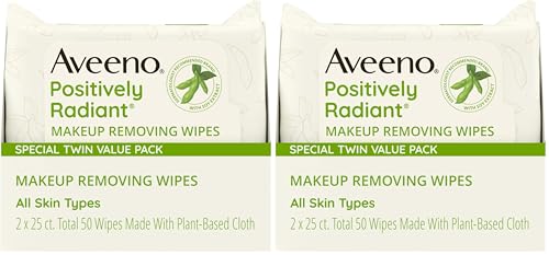 Aveeno Positively Radiant Makeup Remover Wipes,Oil Free,Alcohol Free,Non-Comedogenic Facial Cleansing Wipes,Gentle Face-Wipes for Sensitive Skin,Travel Makeup-Wipes,Twin Pack,2 x 25 Ct,(Pack of 2)