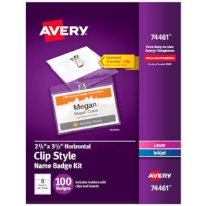 Avery® Customizable Name Badges, Clip Style, 2.25" x 3.5", Clear Name Tag Holders, White Laser/Inkjet Printable Inserts, 100 Total (74461)