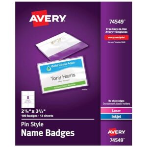 Avery® Customizable Name Badges, Pin Style, 2.25" x 3.5", Clear Name Tag Holders, White Laser/Inkjet Printable Inserts, 100 Total (74549)
