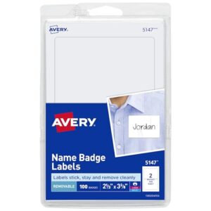 Avery® Customizable Name Tags, 2-1/3" x 3-3/8", White, 100 Removable Name Badges (05147)