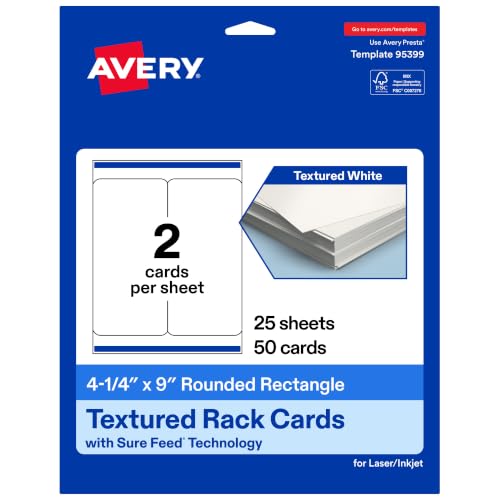 Avery Printable Rectangle Rounded Rack Cards, 4.25" x 9", Matte Textured White, Sure Feed Technology, Laser/Inkjet Compatible, 50 Total, Ideal for Packaging, Displays, and More