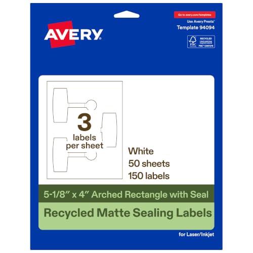 Avery Printable Sealing Labels, 5-1/8" x 4", Ecofriendly Recycled Matte White, Print-to-The-Edge Capability, Laser/Inkjet Printer Compatible, 150 Total, Great for Product Branding, Packaging & More