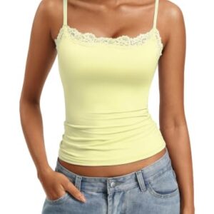 Avidlove Women Camisole Going Out Tops Lace Trim Tank Top Square Neck Sleeveless Spaghetti Strap Summer Yellow