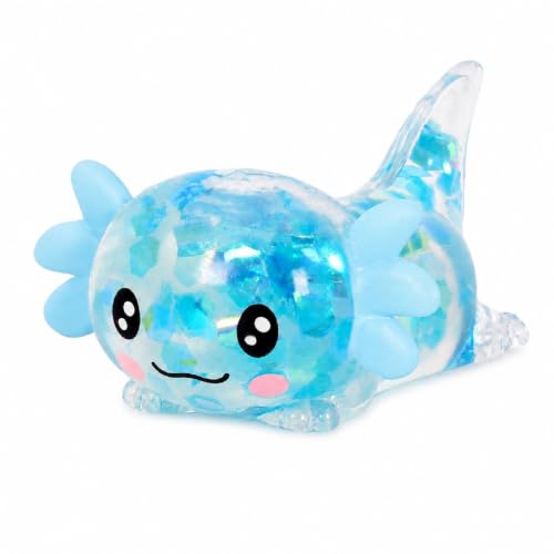 Axolotl Squishy Toy, Soft Super-Stretchy Sensory Squeeze Toy for Kids Ages 3+ & Adults, Cute Stretchy Animal Squishies, Quiet Handheld Toy for Home, School & Travel(Large Sequins Blue)