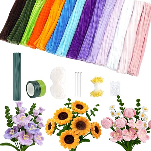 Ayuanb 900 PCS Pipe Cleaners Flowers Kit, Pipe Cleaners Craft with Handle, 14 Colors Chenille Stems with Floral Wires, Stamen, Wrapping Paper & Ribbon, DIY Bouquets and Party Decorations