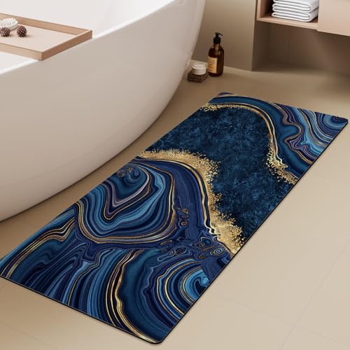 Azppsad Extra Long Bath Rug, Blue Marble and Golden Veins Decor Non Slip Bath Runner Rug with Rubber Backing, Thin Absorbent Quick Dry Bath Mats for Bathtub Bathroom Kitchen, 15.7x47.2 inch