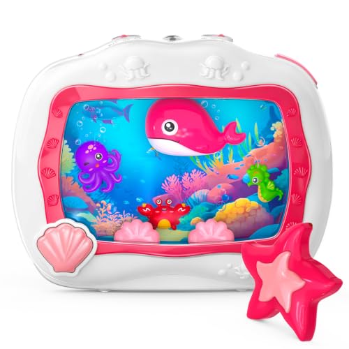 Baby Aquarium Toy Sleep Soother, Tummy Time Toys & Crib Toy, Sea Animal Sensory Musical Crib Soother for 6 Months, Dream Baby Soother with Light & Soothing Sound for Crib Car Seat Travel, Pink