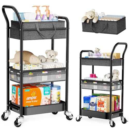 Baby Diaper Caddy Organizer Cart with Adjustable Shelf and Detachable Dividers, Grey 3 Tier Postpartum Carts on Wheels, Rolling Storage Cart for Baby Essentials, Newborn Must Haves, Bedside, Nursery