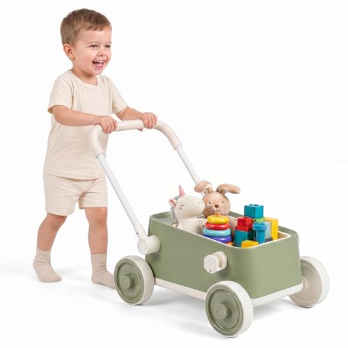 BABY JOY Push & Pull-Along Wagon for Toddlers, Baby Push Walker Pull Toy Cart with Handlebar, Indoor Outdoor Pull & Pull Toys Birthday Gift for Boys Girls Age 3-6 Years Old (Green)