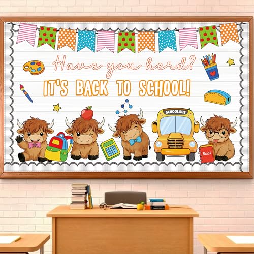 Back to School Bulletin Board Set Classroom Decorations Welcome Back Bulletin Board Highland Cow Cutouts for First Day of School Preschool Kindergarten Classroom Wall Door Chalkboard Decor