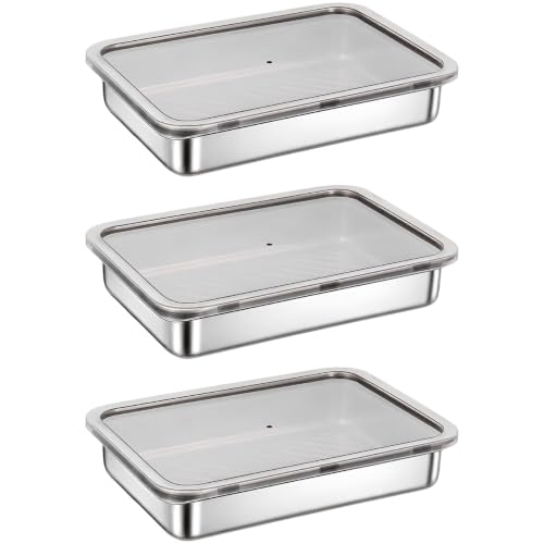 Bacon Container for Refrigerator, Stainless Steel Deli Containers with Lids, Fridge Organizer for Cheese, Meat and Dumplings, Stackable Freezer Storage Box, Airtight Cover, Metal Base Tray