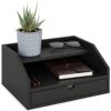 Ballucci Desk Organizer with Drawer, 2 Tier Paper Office Supplies Desk Organizer, 13 2/5" x 9 3/5" x 6", Black
