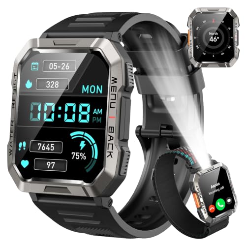 Baolubao Smart Watch for Men Android iPhone, Bluetooth Call, Outdoor Sports Smartwatch, 100 Days Battery/Compass/Flashlight, 2.01‑Inch HD Touch Screen Fitness Tracker, IP68 Waterproof