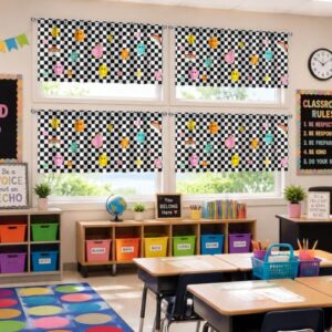 Batiyeer 6 Pcs Classroom Windows Valance Curtains, Grid Floral Smile Face