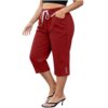 bawilom Women's Plus Size Capri Pants Drawstring Waist with Pockets Red