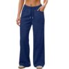 bawilom Women's Wide Leg Jogger Pants Drawstring Waist with Pockets Navy