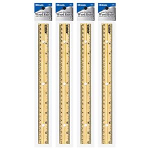 BAZIC Products 12 in Wooden Ruler, Inch & Metric (30 cm), 4-Pack