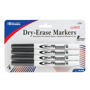 BAZIC PRODUCTS Black Fine Tip Dry Erase Markers, Low-Odor, 4 Count