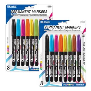 BAZIC PRODUCTS Bright Color Fine Tip Permanent Markers, 8 Ct, 2-Pack