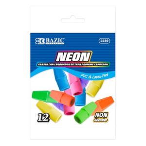 BAZIC Products Neon Pencil-Top Eraser Caps, Latex-Free, PVC-Free, 12 Count