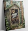 Bear Framed Canvas Wall Art Rustic Bear in Outhouse Picture Animal on Toilet Prints Forest Wildlife Painting Farmhouse Cabin Bathroom Decor for Bathroom 12x16 inches