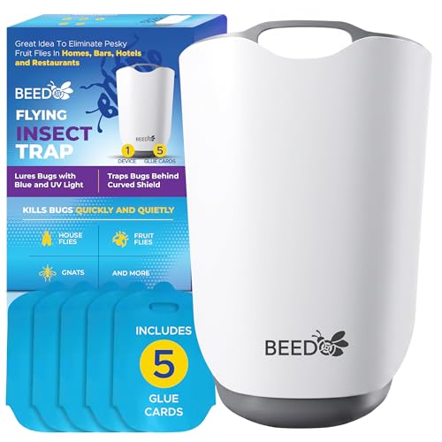 Beedo Gnat Fruit Fly Flying Insect Trap Starter Kit, Indoor Bug Catcher Plug in Device for House, Mosquito, Drain Flies Killer, Blue and UV Light Combo, Zapper Alternative, 1 Device with 5 Glue Insert