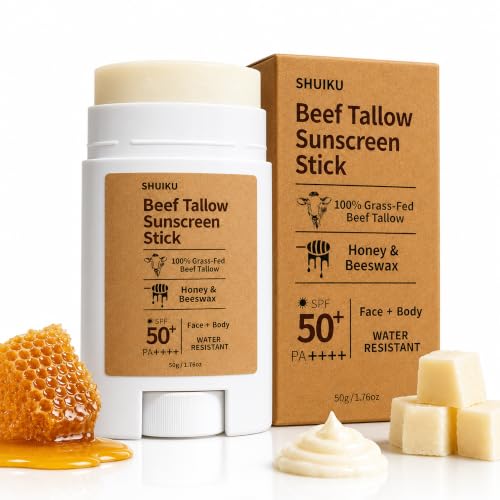 Beef Tallow Sunscreen Stick SPF 50, Mineral Sunscreen with Non-Nano Zinc Oxide, Honey & Beeswax, Unscented Sun Stick for Face & Body, Outdoor Travel Sunscreen Balm, 50g / 1.76 oz