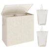 Beige 110L Collapsible Double Laundry Hamper with Lid, Dirty Clothes Laundry Sorter Basket with Removable Liner Bags