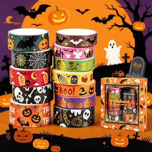 Bekecidi 12 Rolls Halloween Washi Tape Set, Holiday Masking Tape Decorative Tape with Classic Halloween Patterns, Washi Tape for Scrapbook Journal DIY Craft Gift Wrapping Party Decor