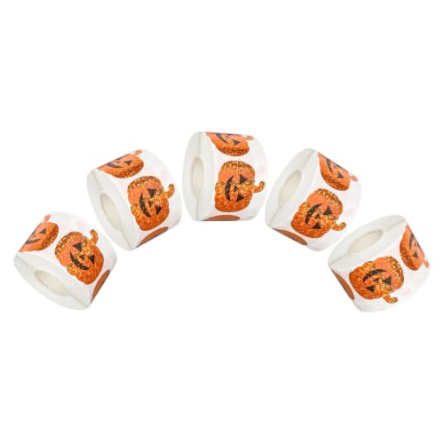 BELLIFFY 5 Rolls Halloween Pumpkin Stickers Shiny Holographic Finish, Waterproof Self-Adhesive Jack-o-Lantern Face Labels for Festive Packaging and Trick or Treat, Glitter Orange Vinyl