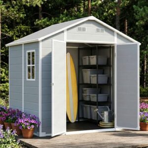 Belord 8x6 FT Resin Outdoor Storage Shed with Sloped Roof & Lockable Doors, Weather Resistant Garden Shed with Ventilation, Windows, Heavy Duty Floor, Outside Storage for Backyard, Patio, Grey & White