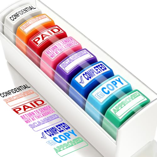 Bertiveny 8 PCS Self Inking Office Stamp Set for Return to Sender Paid Copy Scanned Approved Received Completed Confidential Stamps,Rubber Office Stamp with Plastic Tray Business Stamp