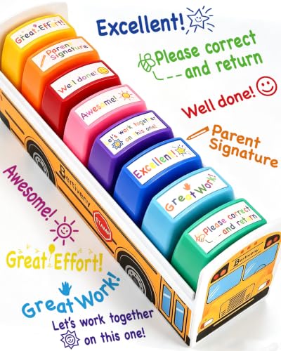 Bertiveny Teacher Stamps for Grading Classroom,Teacher Appreciation Gifts Parents Signature Teacher Self-Inking Stamps Set with 8 PCS Motivation Stamps for Homework School Must Have(School Bus Stamp)