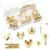 BESARME 175 Pcs Gold Push Pins for Bulletin Board, 8 Style Thumb Tacks Decorative Pins with Push Pin Hook Pushpin Clip for Cork Boards Maps Photos Vision Boards Office Classroom Home Organization