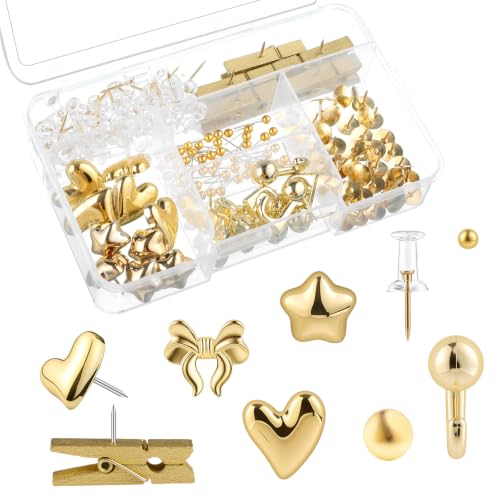BESARME 175 Pcs Gold Push Pins for Bulletin Board, 8 Style Thumb Tacks Decorative Pins with Push Pin Hook Pushpin Clip for Cork Boards Maps Photos Vision Boards Office Classroom Home Organization