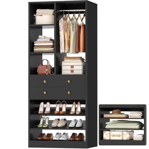 Besiost Small Closet System, 28"/2.3 FT Wood Closet Organizer System with Drawers and Shelves, Walk-in Closet Systems for Small Closets, Free Standing Reach in Closets Tower, Black