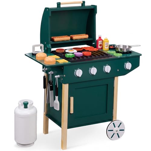 Best Choice Products Kids BBQ Grill Playset, Wooden Play Kitchen Toy w/28 Accessories, Realistic Toy Grill with Clicking Knobs, Side Burners & Storage, Indoor/Outdoor for Toddlers, Boys & Girls, Green