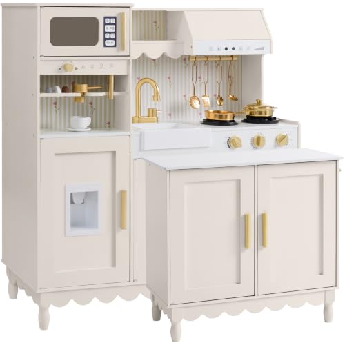 Best Choice Products Play Kitchen for Kids & Toddlers, Wooden Kitchen Playset with Espresso Machine, Pretend Toy Kitchen Set with Ice Maker, Storage Island & Accessories, Scalloped Design - Cream