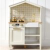 Best Choice Products Pretend Play Wooden Farmhouse Kitchen Set for Kids w/Toy Storage, Clicking Knobs, Windows, 5 Accessories Included - Cream