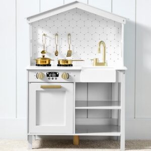 Best Choice Products Pretend Play Wooden Farmhouse Kitchen Set for Kids w/Toy Storage, Clicking Knobs, Windows, 5 Accessories Included - White