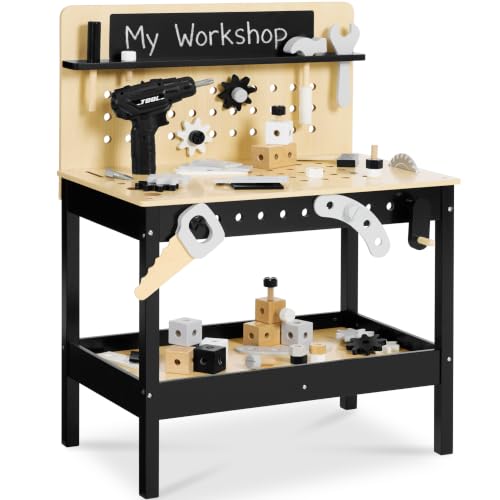Best Choice Products Wooden Kids Workbench with Battery-Powered Drill & Tool Set, Construction Toy for Toddlers Ages 3-5, Pretend Play Workshop with Chalkboard, Storage Pegboard & Accessories