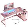 Bestier 58'' L Shaped Pink Gaming Desk with LED Lights & Power Outlets