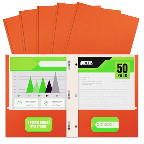 Better Office Products Orange Paper 2 Pocket Folders with Prongs, 50 Pack, Matte Texture, Letter Size Paper Folders, 50 Pack, with 3 Metal Prong Fastener Clips, Orange